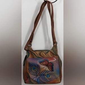 ⭐️🆕️Anuschka Hand Painted Peacock Butterfly Leather Shoulder Bag w/ Dust Bag
